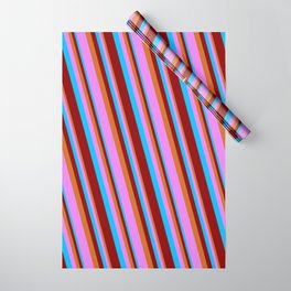 [ Thumbnail: Deep Sky Blue, Dark Red, Chocolate & Violet Colored Lines/Stripes Pattern Wrapping Paper ]