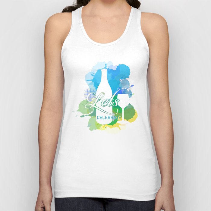 Happy New year celebration with champagne bottle and glass watercolor splash in cool color scheme	 Tank Top