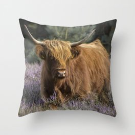Red highland cow in purple field Throw Pillow
