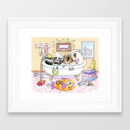 Bath Buddies - Three Pugs in the Tub Framed Art Print | Blackpugs, Pugsinthetub, Bathroomprint, Pugart, Painting, Fawnpugs, Dogart, Bathroom, Ink, Brindlepugs 