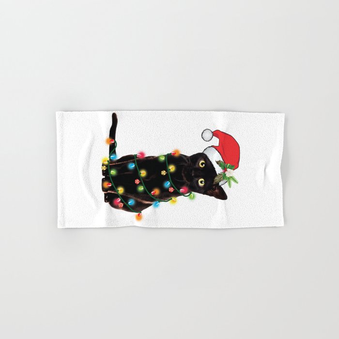 Santa Black Cat Tangled Up In Lights Christmas Santa Graphic Hand & Bath Towel