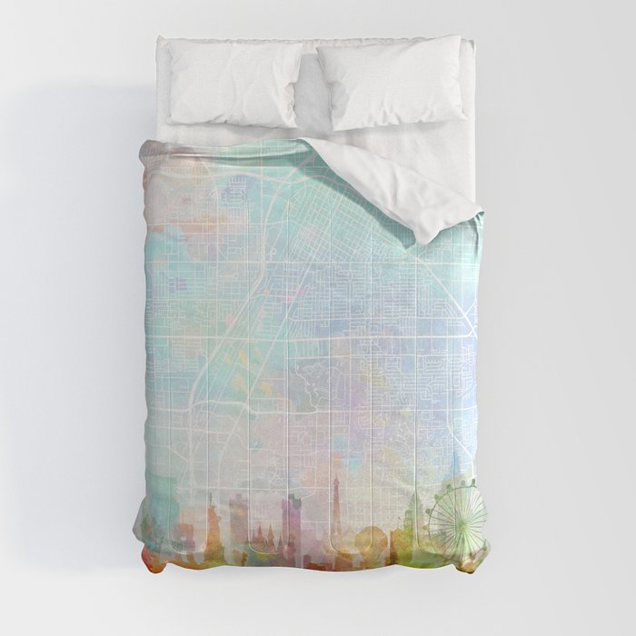 Las Vegas Skyline Map Watercolor, Print by Zouzounio Art Comforter