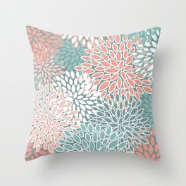 Festive, Floral Prints, Teal and Coral Throw Pillow