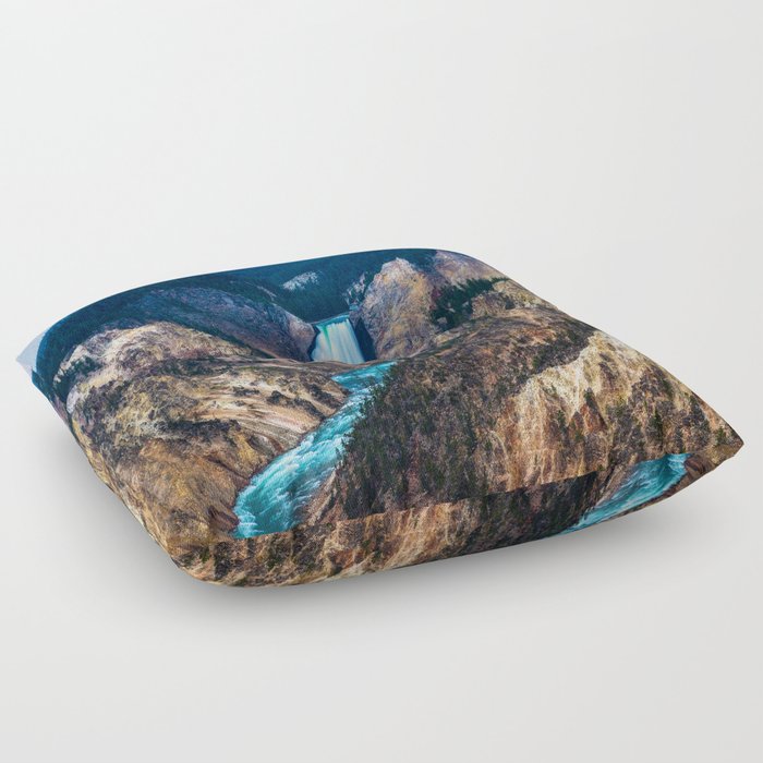 Lower Falls - Rainy Evening at the Grand Canyon of the Yellowstone in Yellowstone National Park Floor Pillow