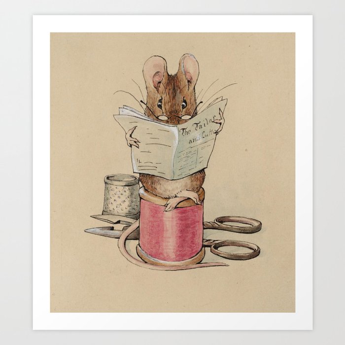 Little mouse reading atop a spool - Beatrix Potter Art Print