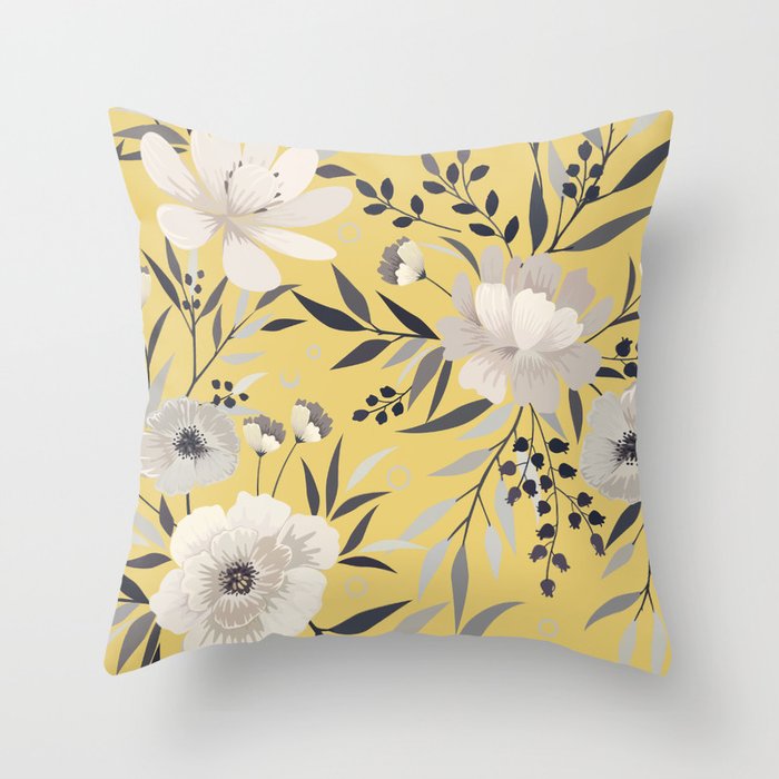 Modern, Floral Prints, Yellow and Gray Throw Pillow