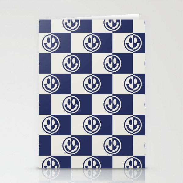 Smiley Faces On Checkerboard (Muted Beige & Dark Blue)  Stationery Cards