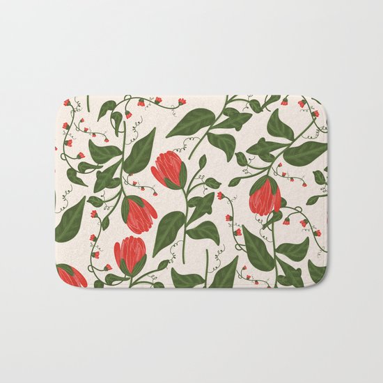 Red Bright Floral Pattern Bath Mat