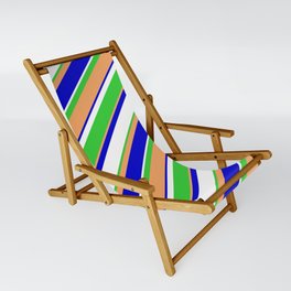 [ Thumbnail: Brown, Blue, White & Lime Green Colored Lined Pattern Sling Chair ]