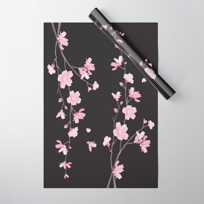Cherry Blossom Black Wrapping Paper by DesignEnrich Society6