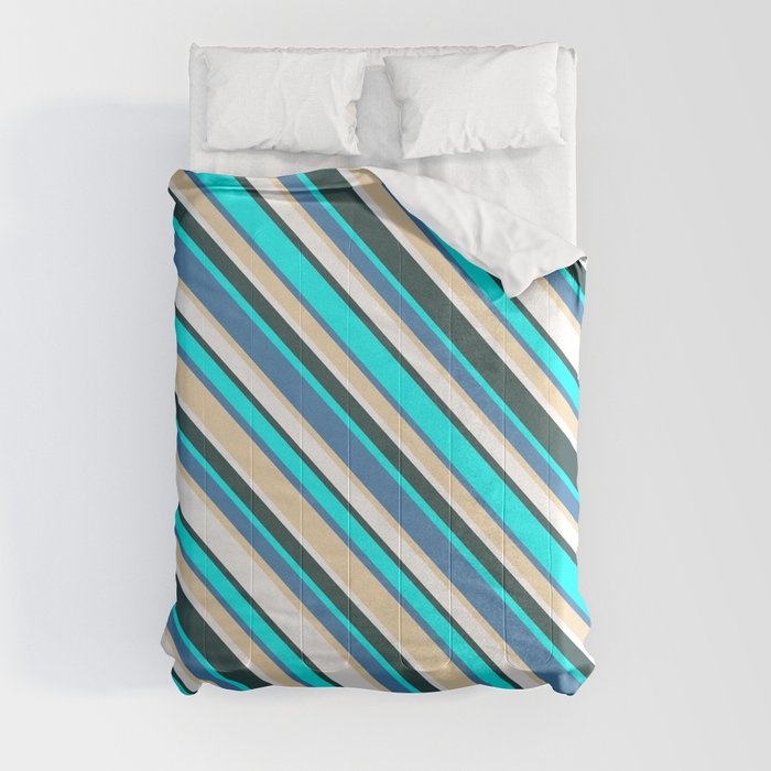 Eye-catching Blue, Tan, White, Dark Slate Gray, and Cyan Colored Lined/Striped Pattern Comforter