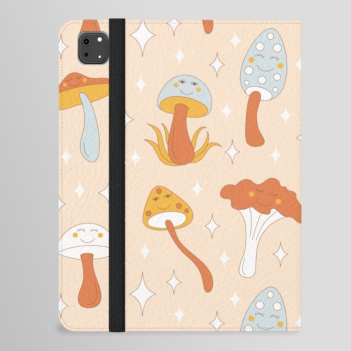 Retro mushrooms with smiles and sparkles. Seamless pattern.  iPad Folio Case