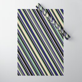 [ Thumbnail: Eye-catching Dark Sea Green, Tan, Midnight Blue, Dim Gray & Black Colored Lines Pattern Wrapping Paper ]