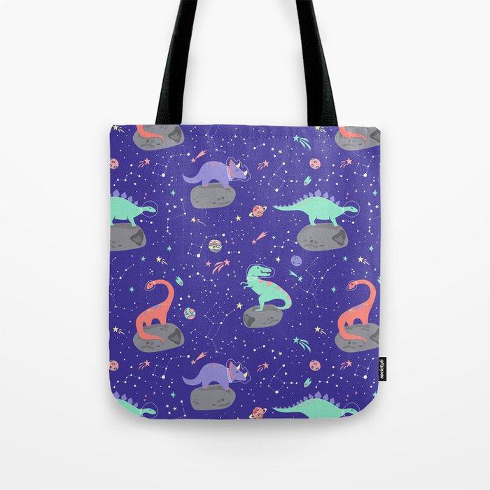 Dinosaurs Floating on Asteroids - Purple Tote Bag