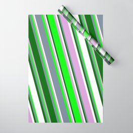 [ Thumbnail: Vibrant Plum, Lime, Light Slate Gray, Dark Green & White Colored Lines/Stripes Pattern Wrapping Paper ]