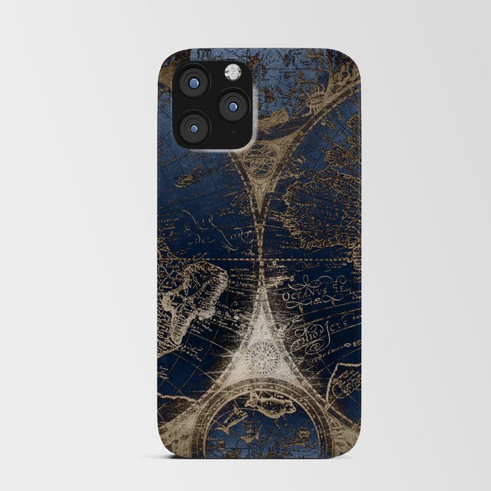 World Map Deep Blue and Gold iPhone Card Case