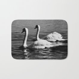Two graceful white swans swimming in the lake | Monochrome Nature Photography | Elegant Bedroom Bath Mat