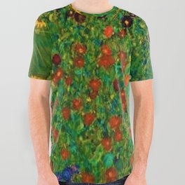 Red Sunflowers, Anemones & Red Poppies and Floral Farm Garden by Gustav Klimt Art Print All Over Graphic Tee