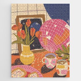 Disco night Jigsaw Puzzle | Night, Ball, Drawing, Coffee, Disco, Pink, Flowers, Orange, Still Life, Curated 