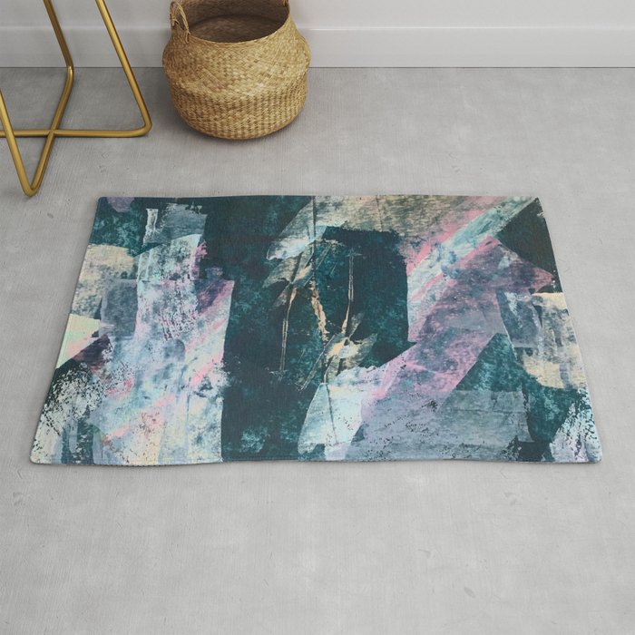 Karma [2]: a vibrant, abstract mixed-media piece in pink, peach, white and teal Rug