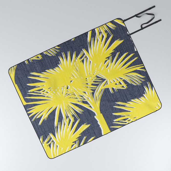 Retro Tropical Palm Trees Yellow on Navy Picnic Blanket