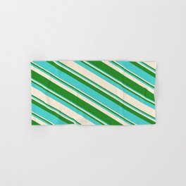 [ Thumbnail: Forest Green, Turquoise & Beige Colored Striped Pattern Hand & Bath Towel ]