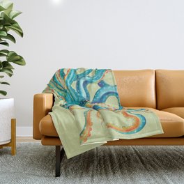 Octopus Teal Tentacles On Yellow Green Throw Blanket