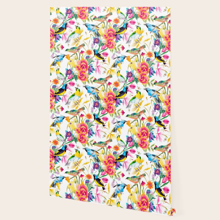 Birds Colourful Floral Motif Pattern Tropical Decor Spring Flowers