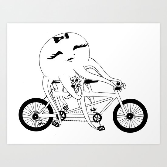 Octopus on a Tandem Bike (in B&W) Art Print
