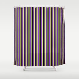 [ Thumbnail: Purple, Black, Tan, and Dark Olive Green Colored Striped Pattern Shower Curtain ]