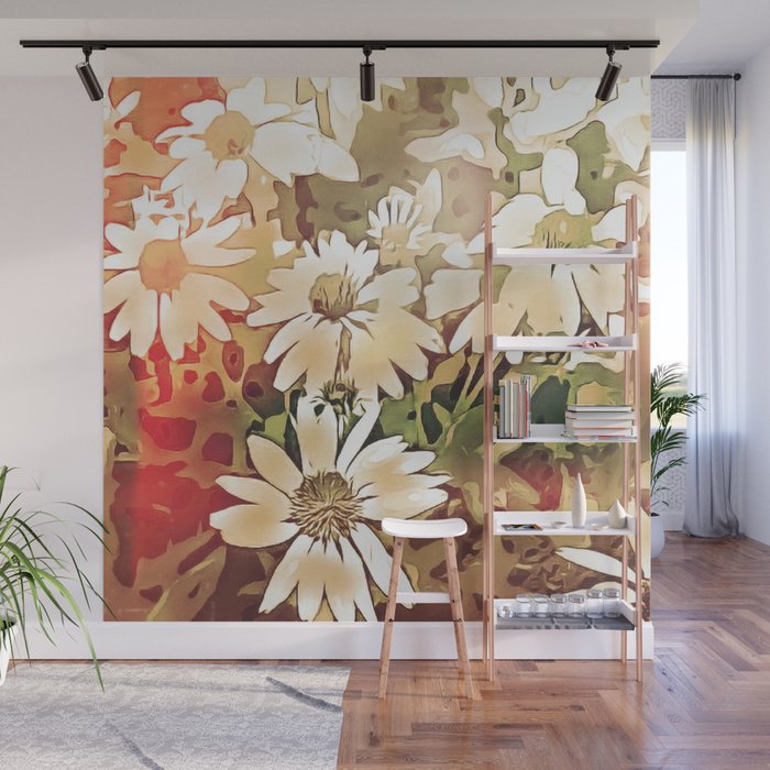 Rainbow Daisy Landscape Neutrals Red Green Wall Mural