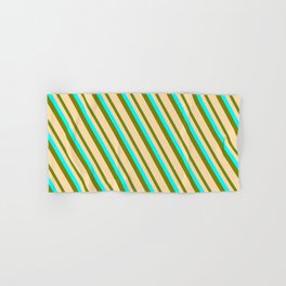 [ Thumbnail: Cyan, Green, and Tan Colored Striped Pattern Hand & Bath Towel ]