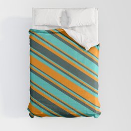 [ Thumbnail: Turquoise, Dark Orange & Dark Slate Gray Colored Pattern of Stripes Comforter ]