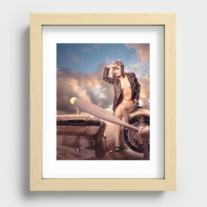 "Captain Felix" - The Playful Pinup - Bomber Jacket Pin-up Girl by Maxwell H. Johnson Recessed Framed Print