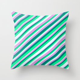 [ Thumbnail: Plum, Teal, Green & Light Cyan Colored Striped Pattern Throw Pillow ]