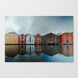 Old centre of Trondheim, Norway with bad weather | Reflections Scandinavian houses | Travel Architecture Photography Canvas Print