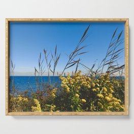 Yellow Flowers on the Shore (plants, ocean, beach, nature, peaceful, rhode island, photography) Serving Tray