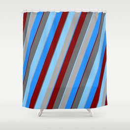 [ Thumbnail: Dim Gray, Light Sky Blue, Dark Gray, Blue, and Maroon Colored Lined/Striped Pattern Shower Curtain ]