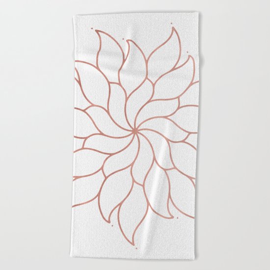 Mandala Flowers Rose Gold on White Beach Towel