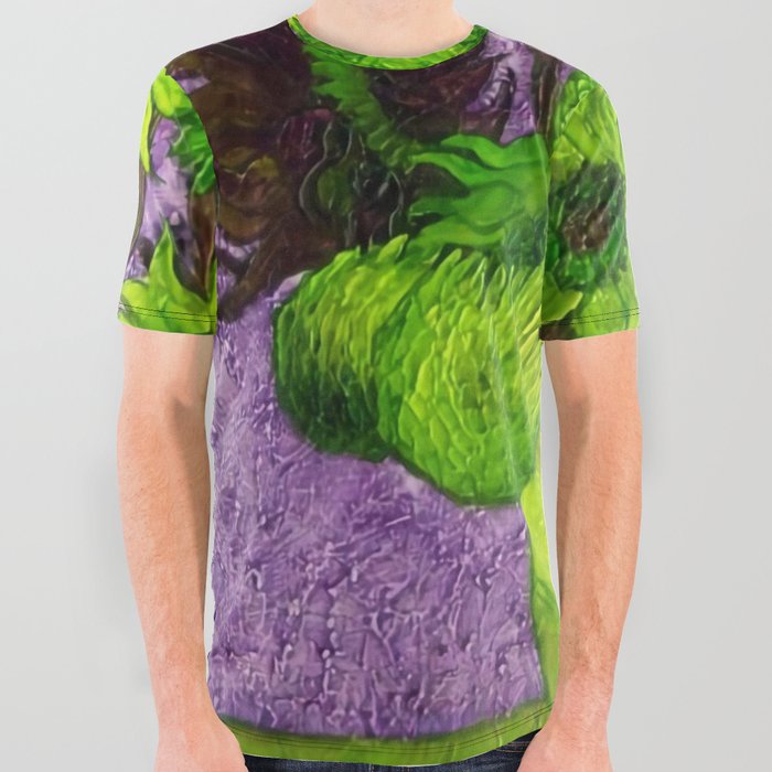 Vincent van Gogh Twelve green sunflowers in a vase still life with purple background portrait painting All Over Graphic Tee