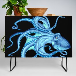 Blue Teal Octopus Tentacles Ink Black Nautical Marine Dance Credenza
