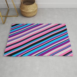 [ Thumbnail: Eyecatching Deep Sky Blue, Purple, Light Grey, Hot Pink, and Black Colored Lined Pattern Rug ]