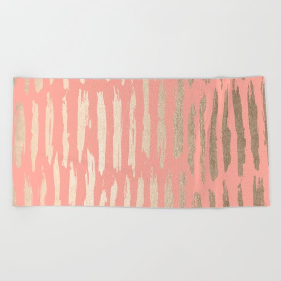 Vertical Dash Tahitian Gold on Coral Pink Stripes Beach Towel