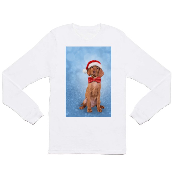 Drawing funny Vizsla pointer in red hat of Santa Claus Long Sleeve T Shirt