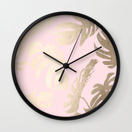 Simply Tropical Palm Leaves White Gold Sands on Flamingo Pink Wall Clock