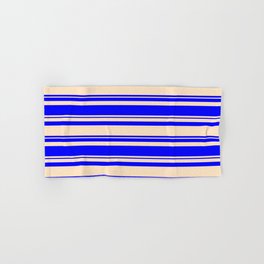 [ Thumbnail: Bisque and Blue Colored Lined/Striped Pattern Hand & Bath Towel ]