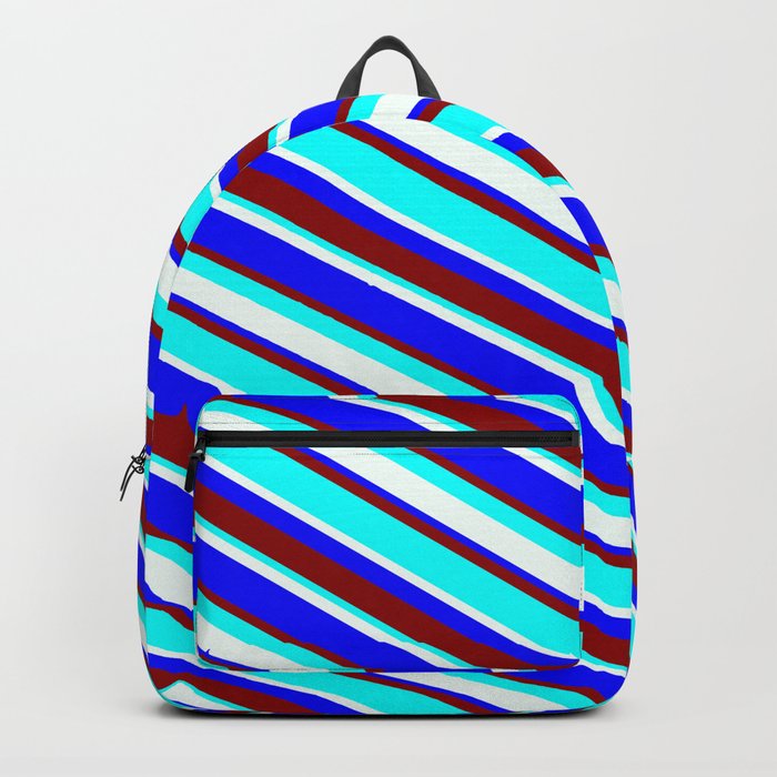 Mint Cream, Blue, Dark Red, and Aqua Colored Lined Pattern Backpack