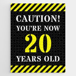 [ Thumbnail: 20th Birthday - Warning Stripes and Stencil Style Text Jigsaw Puzzle ]
