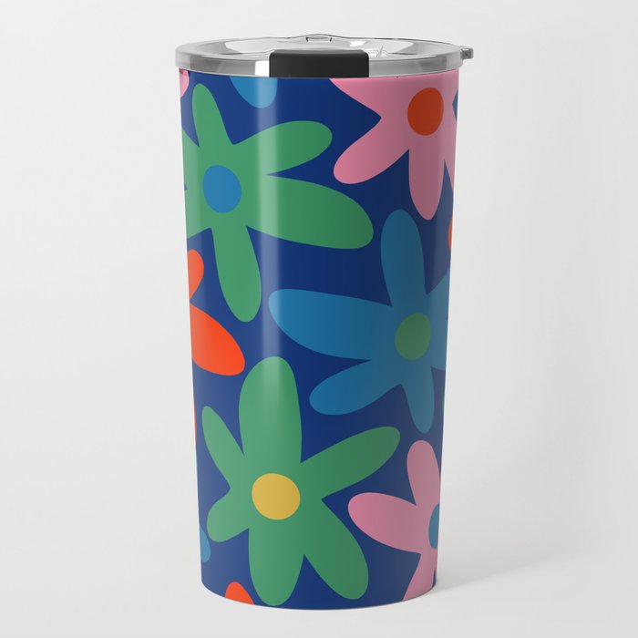 Daisy Time Colorful Retro Floral Pattern on Blue Travel Mug