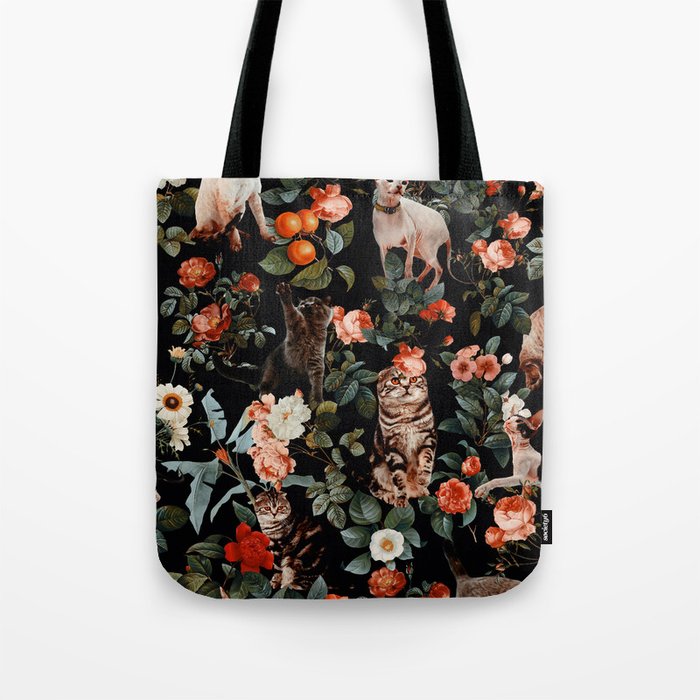 Cat and Floral Pattern II Tote Bag by Burcu Korkmazyurek | Society6